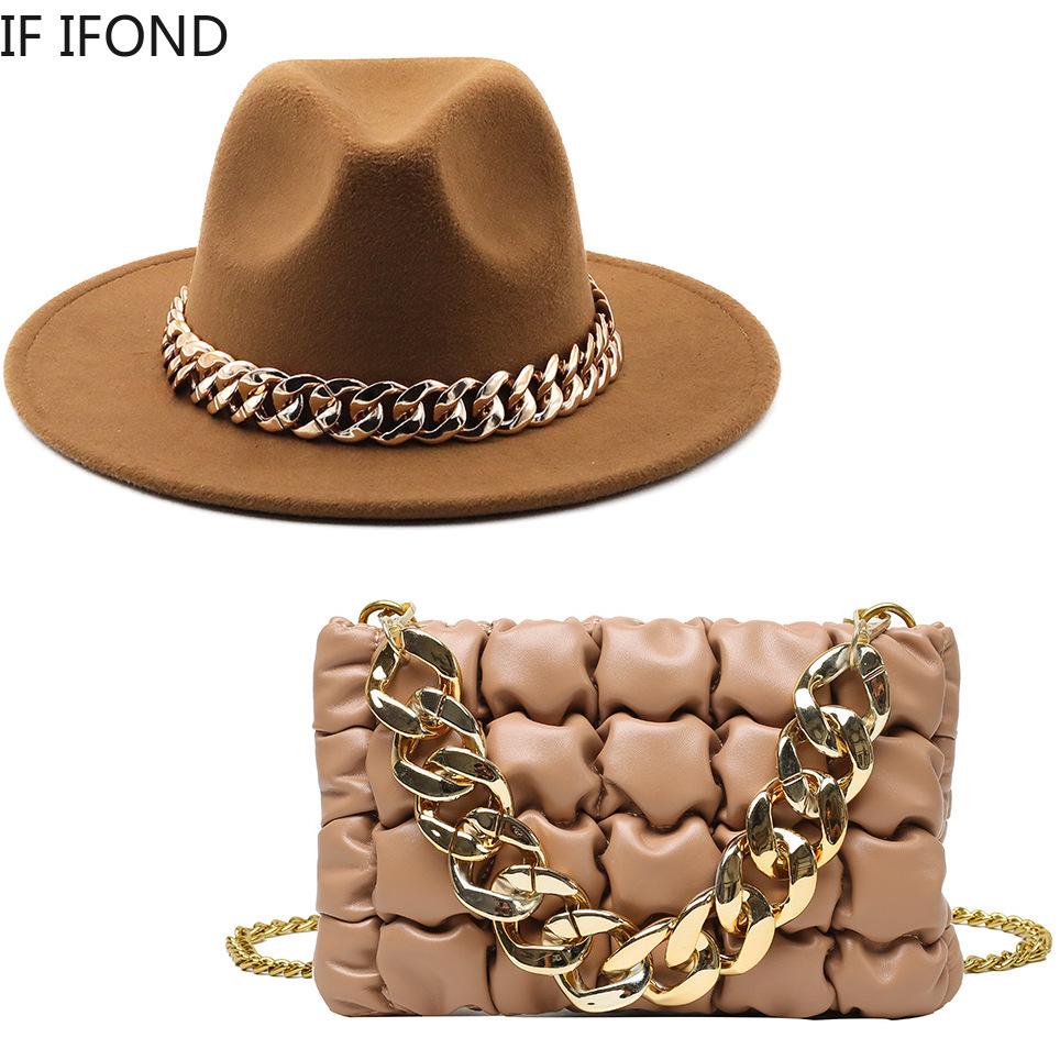 Hat For Women Autumn Winter New Party Jazz Fedora Hats With Fashion Luxury Oversized Chain Accessory Bag Two-piece Set