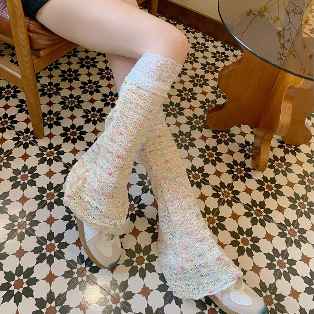 Y2K Lace Trim Flare Leg Warmers, Colorful Tweed Slouchy Socks for Women, Retro Streetwear Fashion Accessories