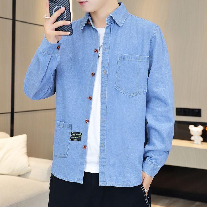 

Новая джинсовая рубашка с длинным рукавом для весны и осени, мужская повседневная рубашка, свободная мужская модная джинсовая куртка XXXL светло-синий