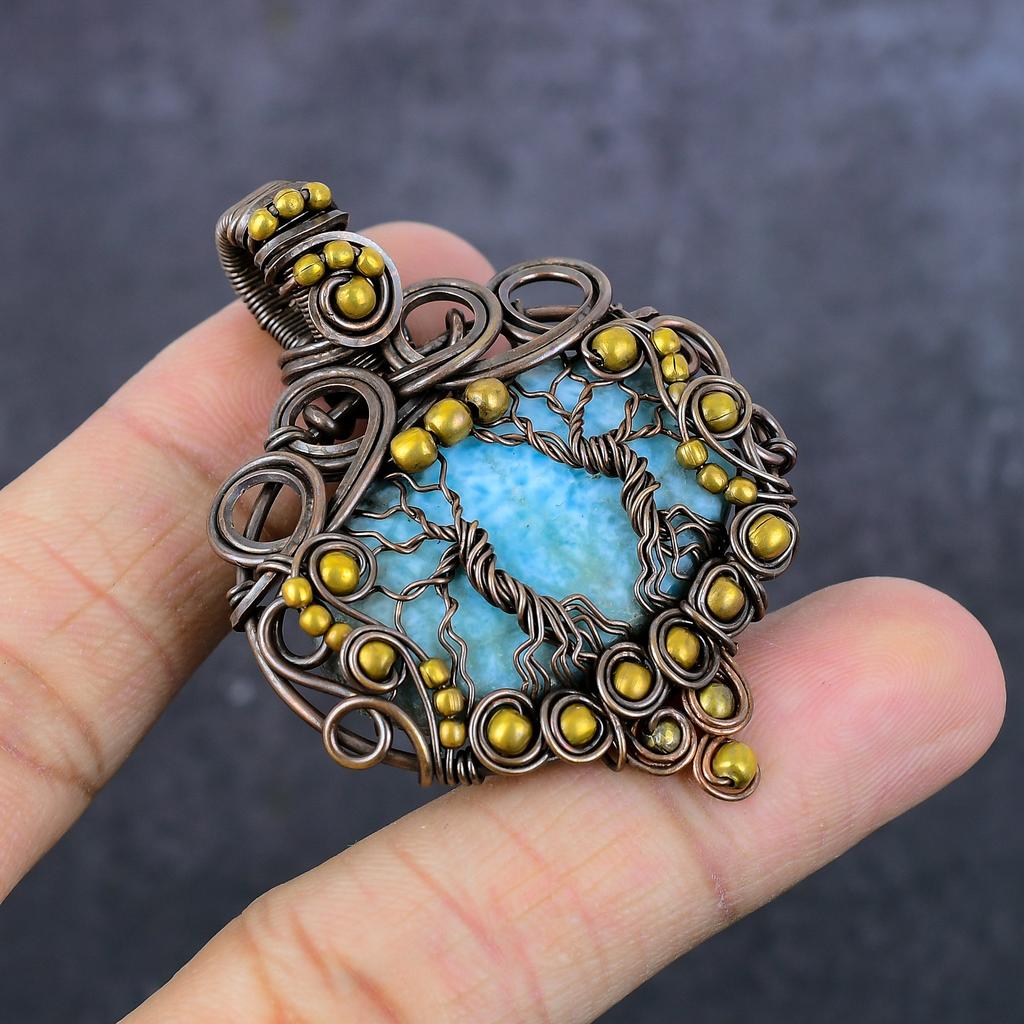 Republic Larimar Handmade Copper Wire Wrap Tree Of Life Gift Pendant 2.28" E0o63