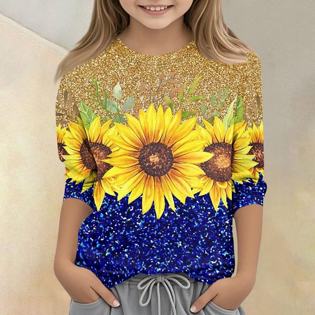 Children's Printed Round Neck Seven Quarter Sleeve Casual T-shirt