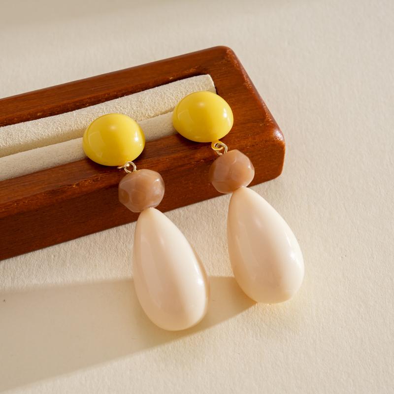 Vintage Resin Water Droplet Pendant Earrings for Women Versatile Color Blocked Geometric Long Earrings Fashion Vacation Jewelry