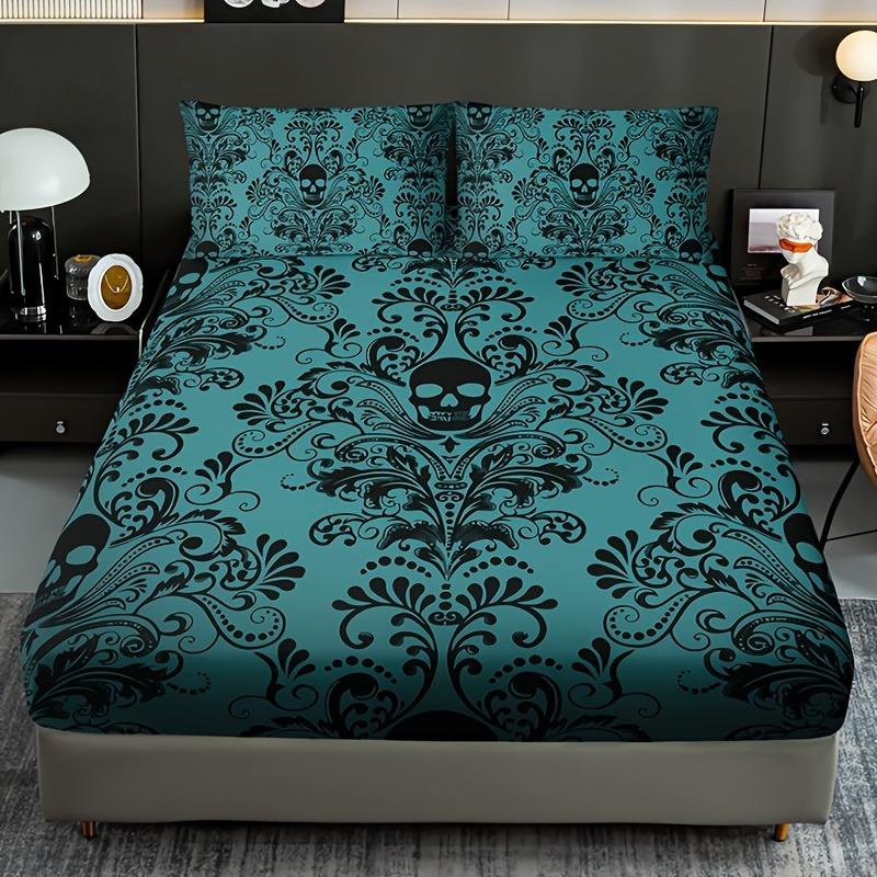 Skull Floral Design Bed Sheet Set 100% Polyester Digital Print Breathable All-Season Fitted Shee Pillowcase Machine Washable