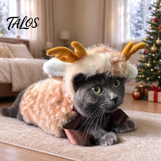 Cozy Pet Cape Christmas Deer Cat Cape, Fuzzy Spotted Puppy Cloak with Antlers, Plush Antler for Dogs Cute Cosplay Cats Small Winter Holiday
