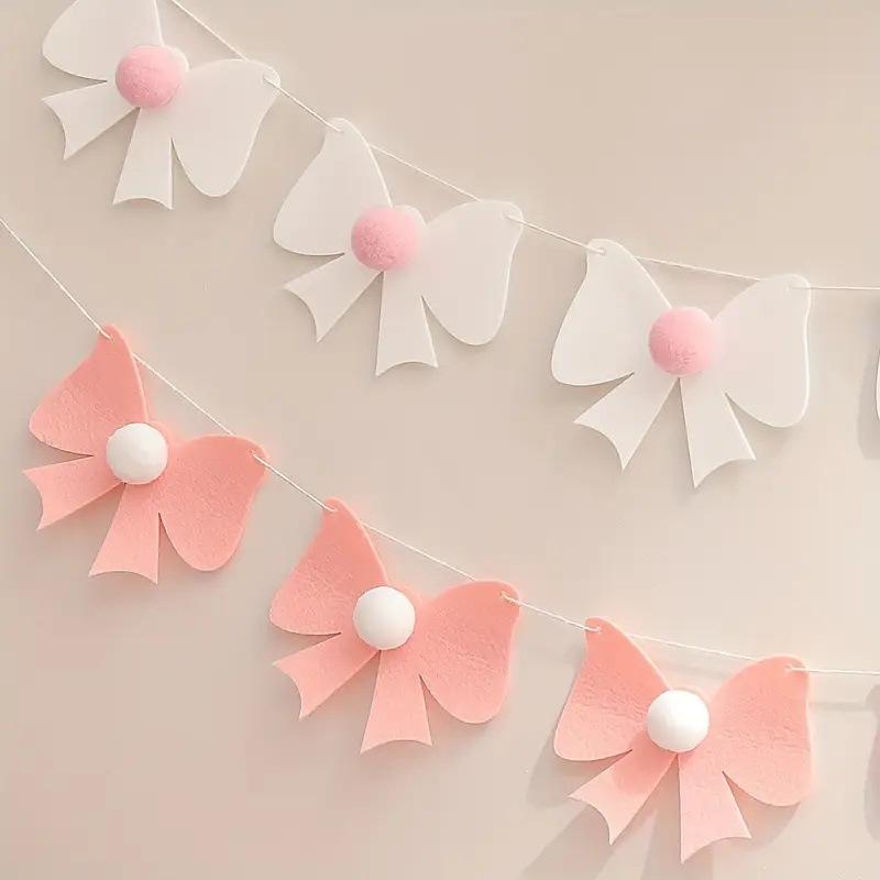 1Set Sweet Felt Bow Theme Banner Plush Ball Bow Bedroom Hanging Bunting Garlands for Kids Girl Birthday Baby Shower Party Decor