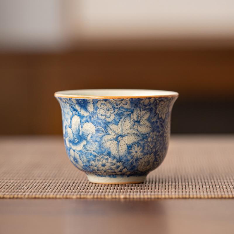Ru Kiln Teacup Porcelain Tea Cup Blue Flower Pattern Ceramic Tea Mug Personal Use Traditional Chinese Kung Fu Tea Set HomeOffice