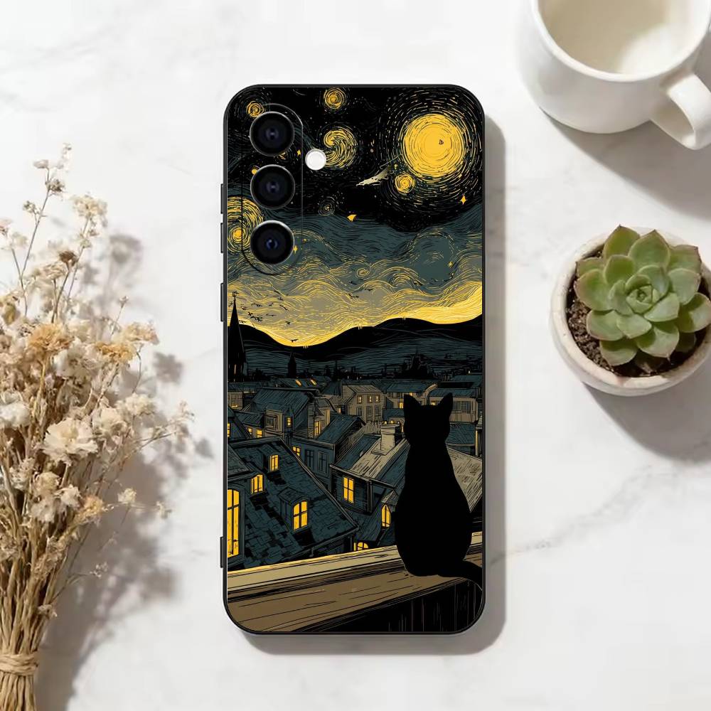 Funny Cat Van Gogh Style Phone Case For Samsung Galaxy A73,A72,A71,A70,A53,A52,A51,Others Soft Black Cover