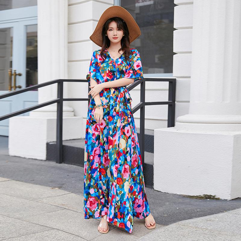 

Летнее шикарное женское платье, платье на французском морском курорте, струящееся платье с короткими рукавами 4XL синий