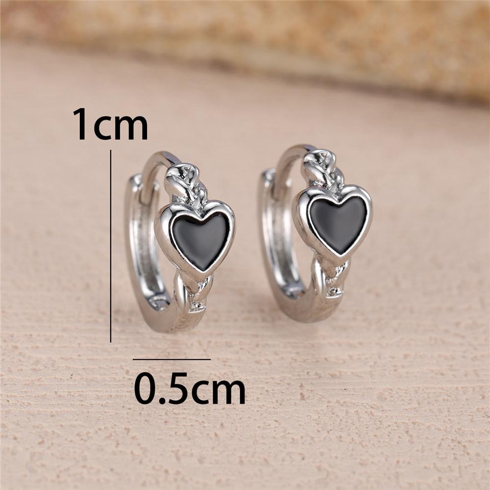 Charm Female Black Enamel Cute Love Heart Hoop Earrings Silver Color Simple Wedding Jewelry For Women