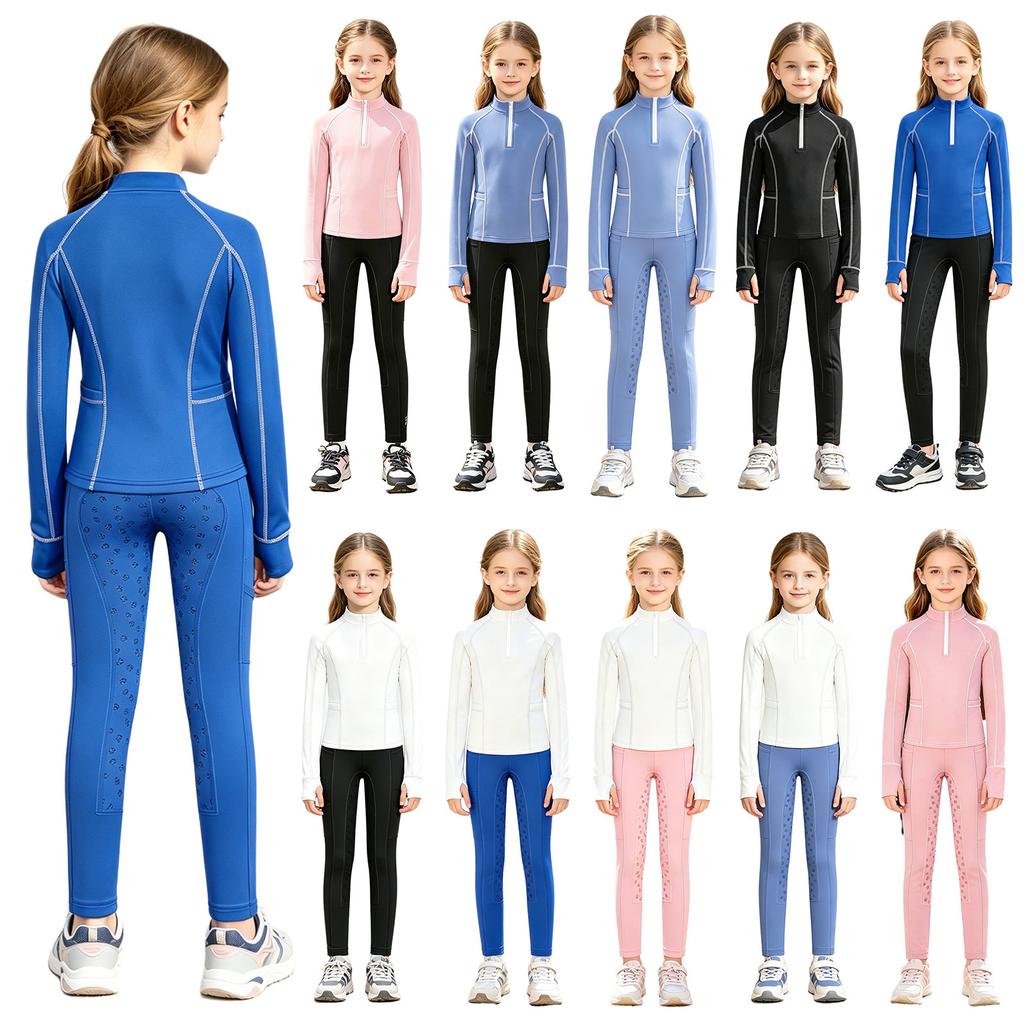 Kids Horse Riding Pullover and Riding Pants Set Long Sleeve Thumbholes Stand Collar Zip Sweatshirt with Anti Slip Full Seat Breeches Equestrian Sport
