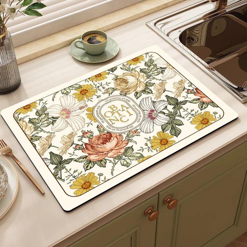 30*40cm Vintage Flora Printed Mud Absorbent Quickly Dry Heat Resistant Non-Slip Tableware Pad Dish Drying Mat Placemat Coffee Mat
