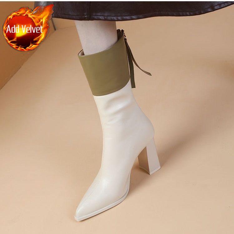 Fashion Color Blocking Pointed Toe Women's Half High Boots Elegant Heeled Leather Ladies Mid Calf Shoes Autumn Winter 2025 New Chic Boot