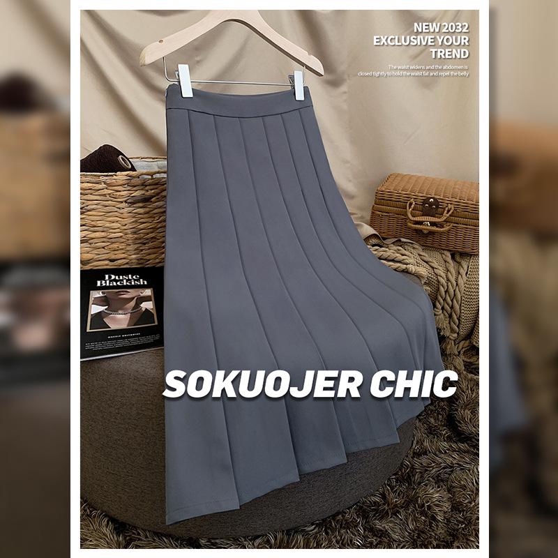 Högkvalitativ medellång plisserad A-linjeformad kjol med resår i midjan för kvinnor - Mångsidig höst/vinterstil