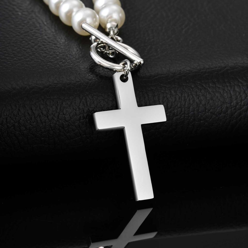 Vnox Stainless Steel Cross Pendant Necklace for Men Women, Imitation Pearl Beaded Chain Collar, Religion Faith Prayer Jewelry