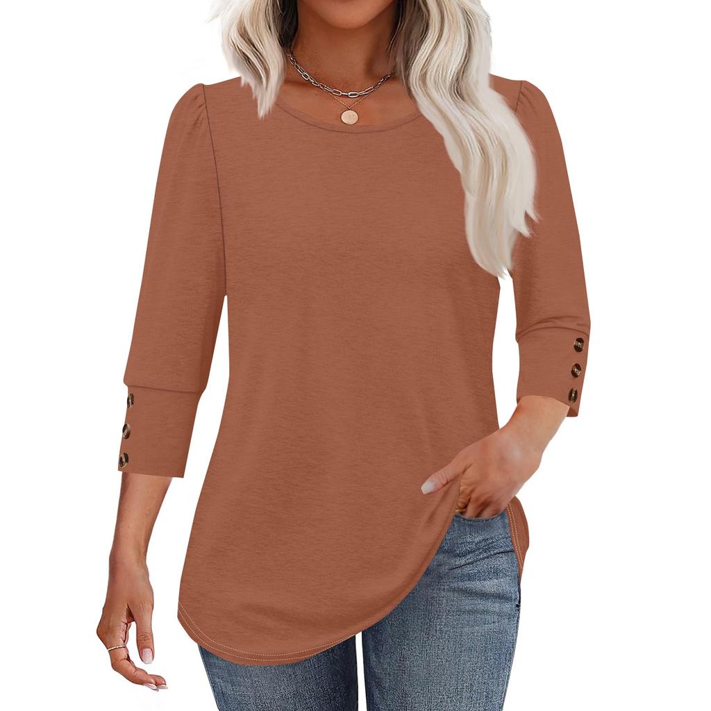 Women's Fashion Casual Solid Color Round Neck Seven-quarter Sleeve T-shirt Top
