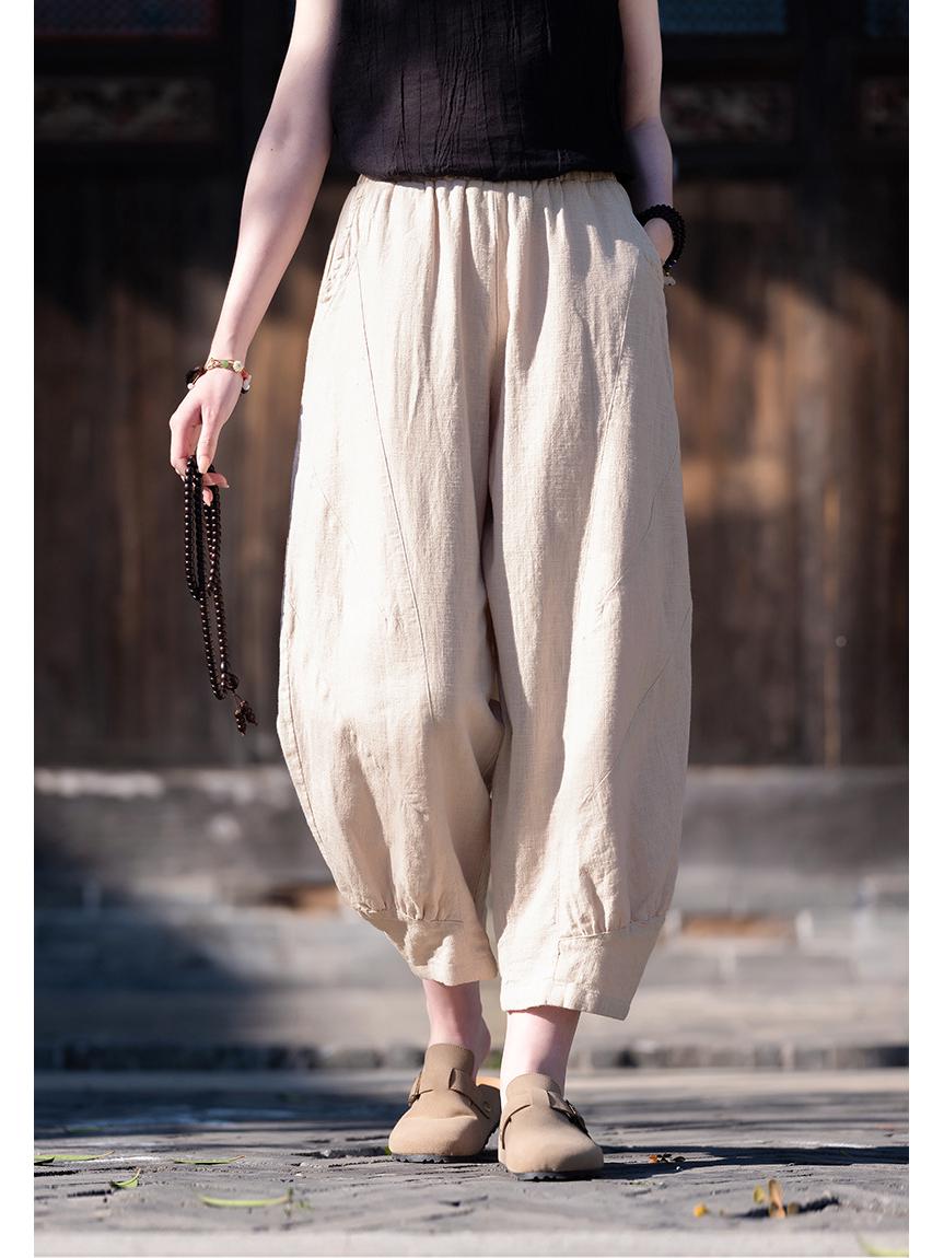Spring 2026 Women s Chinese Style Cotton & Linen Patchwork Casual Retro Cropped Lantern Pants One Size