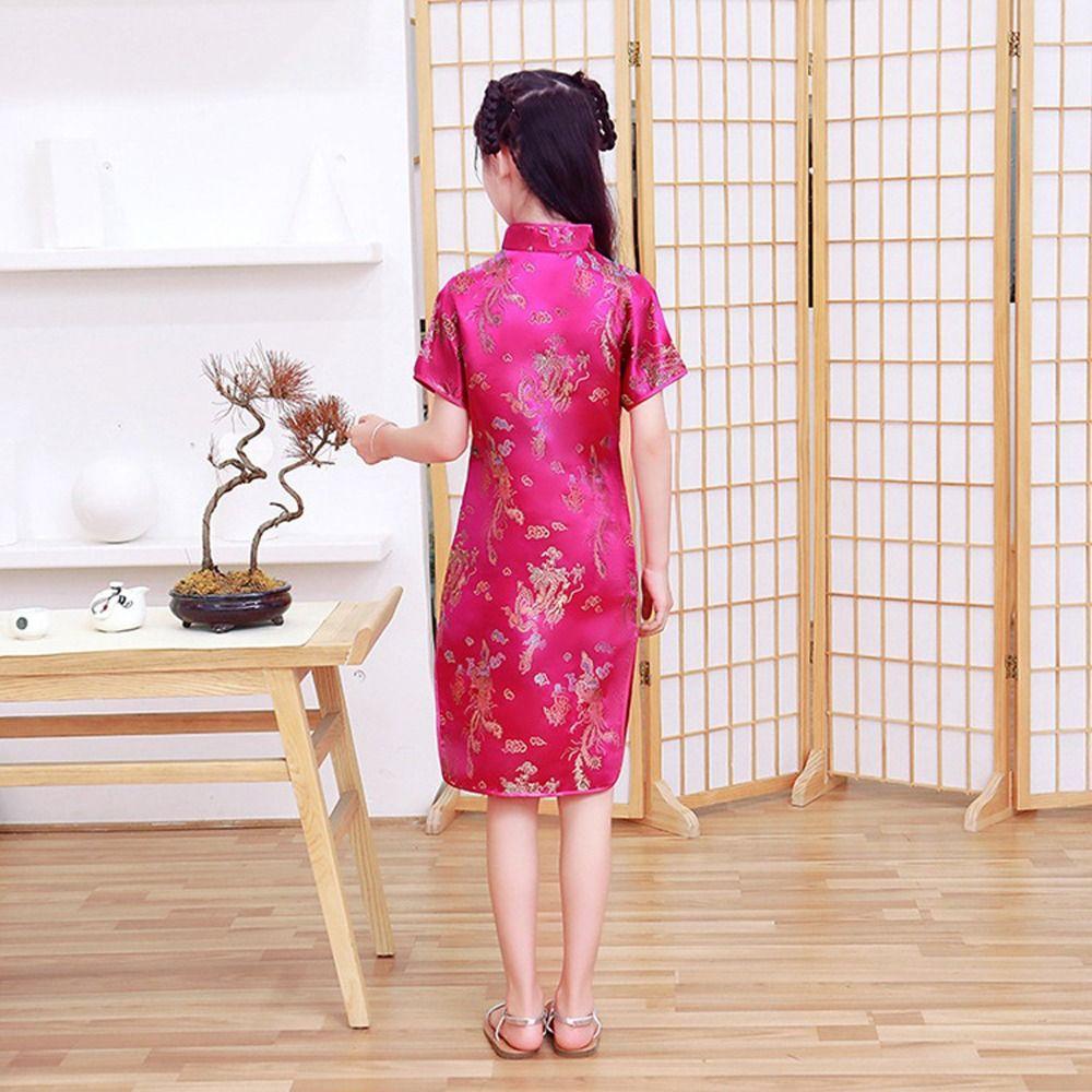 Dragon Phoenix Pattern Niche Design Autumn Silk Chinese Style Dress Girls Skirt Kids Traditional Dress Qipao Girls Cheongsam