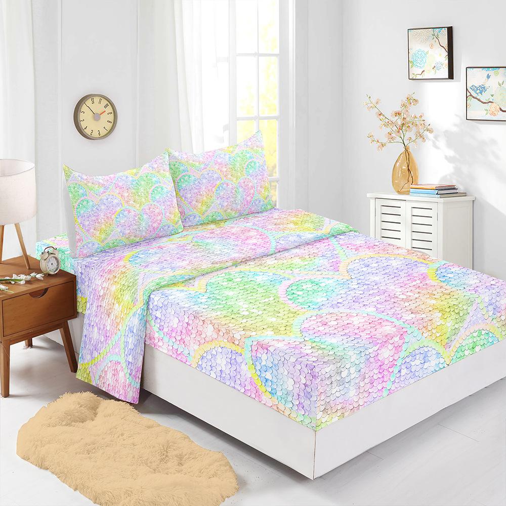 

Four-Piece Mattress Set 3D Digital Printing Mattress Protective Cover Color Sequined Mattress (90cm * 190cm * 40cm) Pillowcase * 1