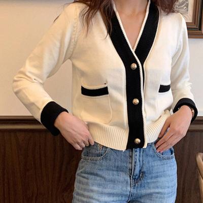 Autumn Elegant V-neck Slim Short Cardigan Sweater Fashion Office-lady Long Sleeve Knitted Sweater Women Casual Soft Tops 29191