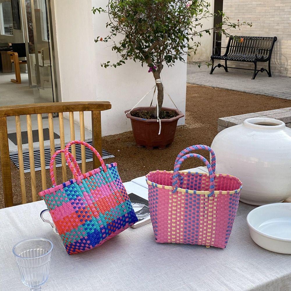 Bohemian Style PVC Vegetable Basket Bag Vacation Style Plastic Handbag Casual Beach Bag Streetwear