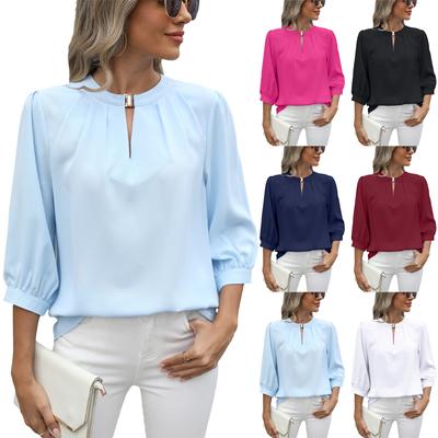 Women Spring Summer Half Sleeve O Neck Solid Color Pullover Shirt Blouse Top