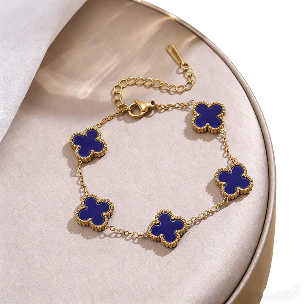 Premium Glück Titanium Stahl Vierblättriges Kleeblatt Armband & Halsketten Set - 13MM Zweiseitige Gold Schlüsselbein Kette für Eleganten Stil