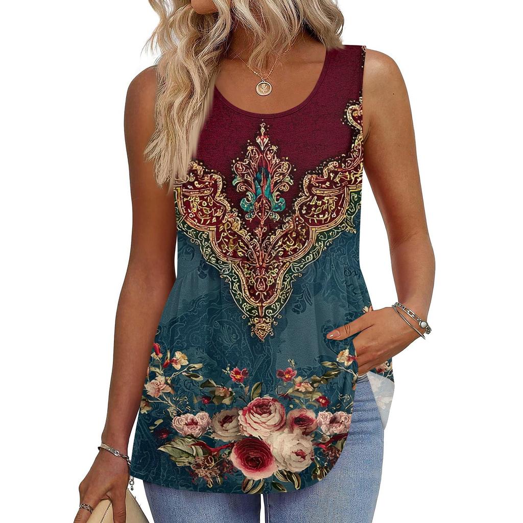 Square Collar Tank Top Women Print Tank Tee Casual Loose Fit Sleeveless Shirt