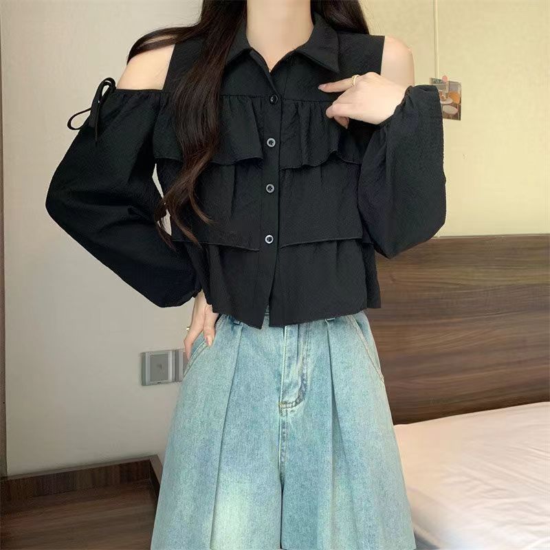 Off Shoulder Design Women's Shirt Solid Color Ruffled Bow Famale Button Blouse New Trend Fashionable Loose Ladies Long Sleeved Top