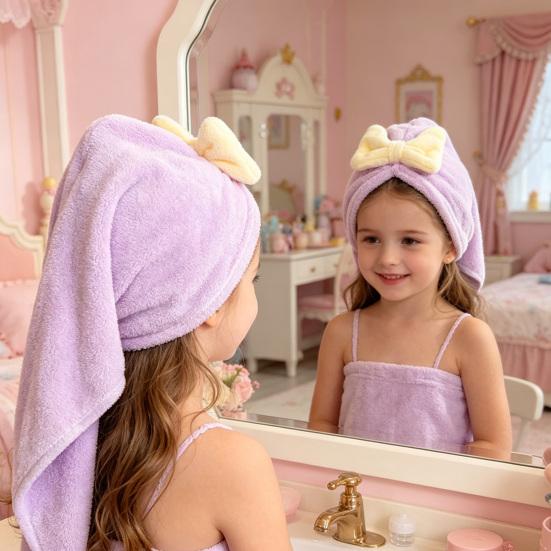 Kids Hair Drying Cap Super Absorbent Quick Dry Hair Towel Wrap with Button Cute Bow Anti-Frizz Turban for Girls Long Hair