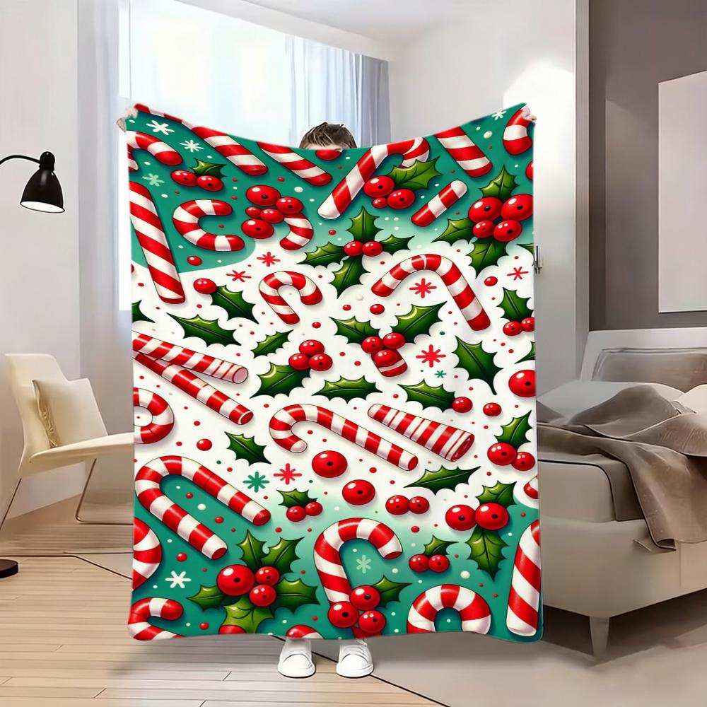2d Printed Teal Red White Candy Cane Holly Leaf Pattern Throw Blanket For Holiday Party Xmas Gift Living Room Decor