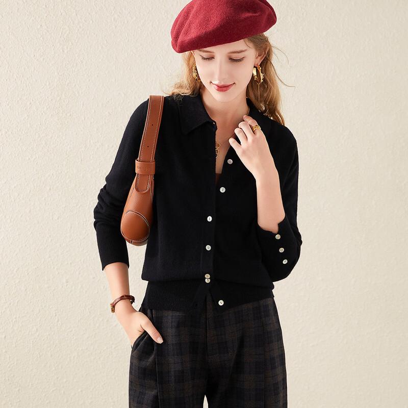 TUHUANG Women's Pure Wool Shirt Collar Cardigan