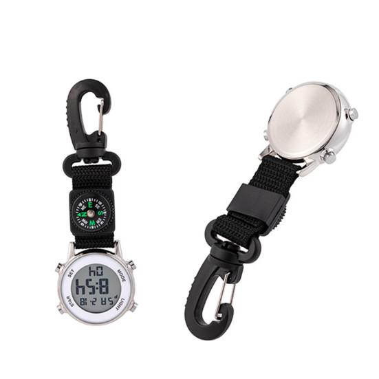 Orologio da tasca Multifunzione Movimento al quarzo Resistente all'acqua Display digitale Bussola accurata Quadrante rotondo Sport Escursionismo Moschettone Orologio da tasca
