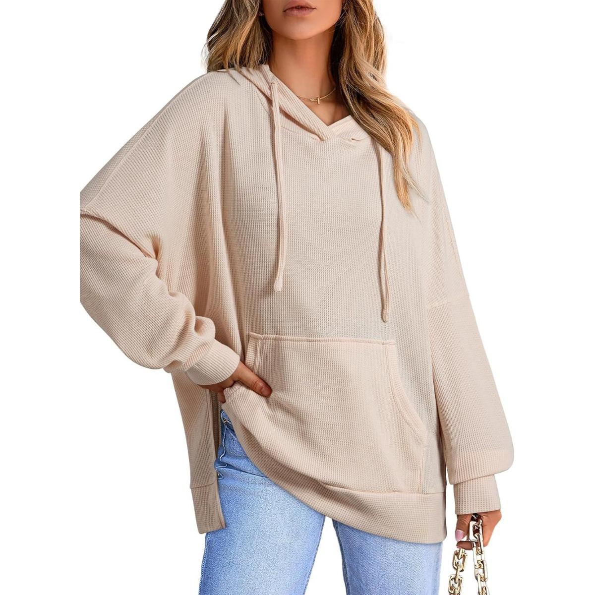 Women s Hooded Neck Long Sleeve Oversized Waffle Knit Casual Hoodie Sweatshirt S абрикосовый