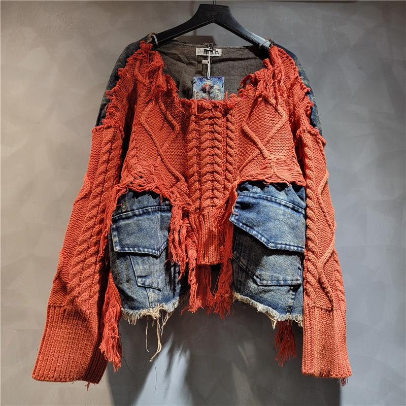 Women Irregular Do Old Pullover Patchwork Pockets Design Vintage Washed Denim Sweater
