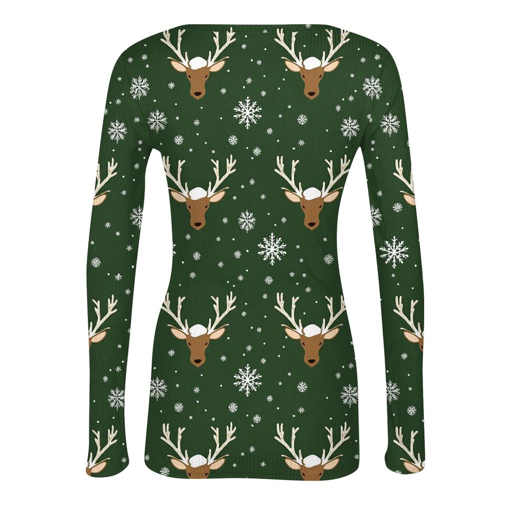 Women's Fashion Slim-Fit Round Neck Base Layer T-Shirt Christmas Print Long-Sleeved Top