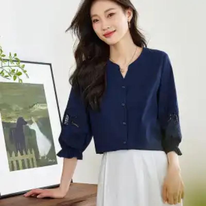 Summer Women Solid Color V Neck Ruffle Sleeve Button Down Blouse S