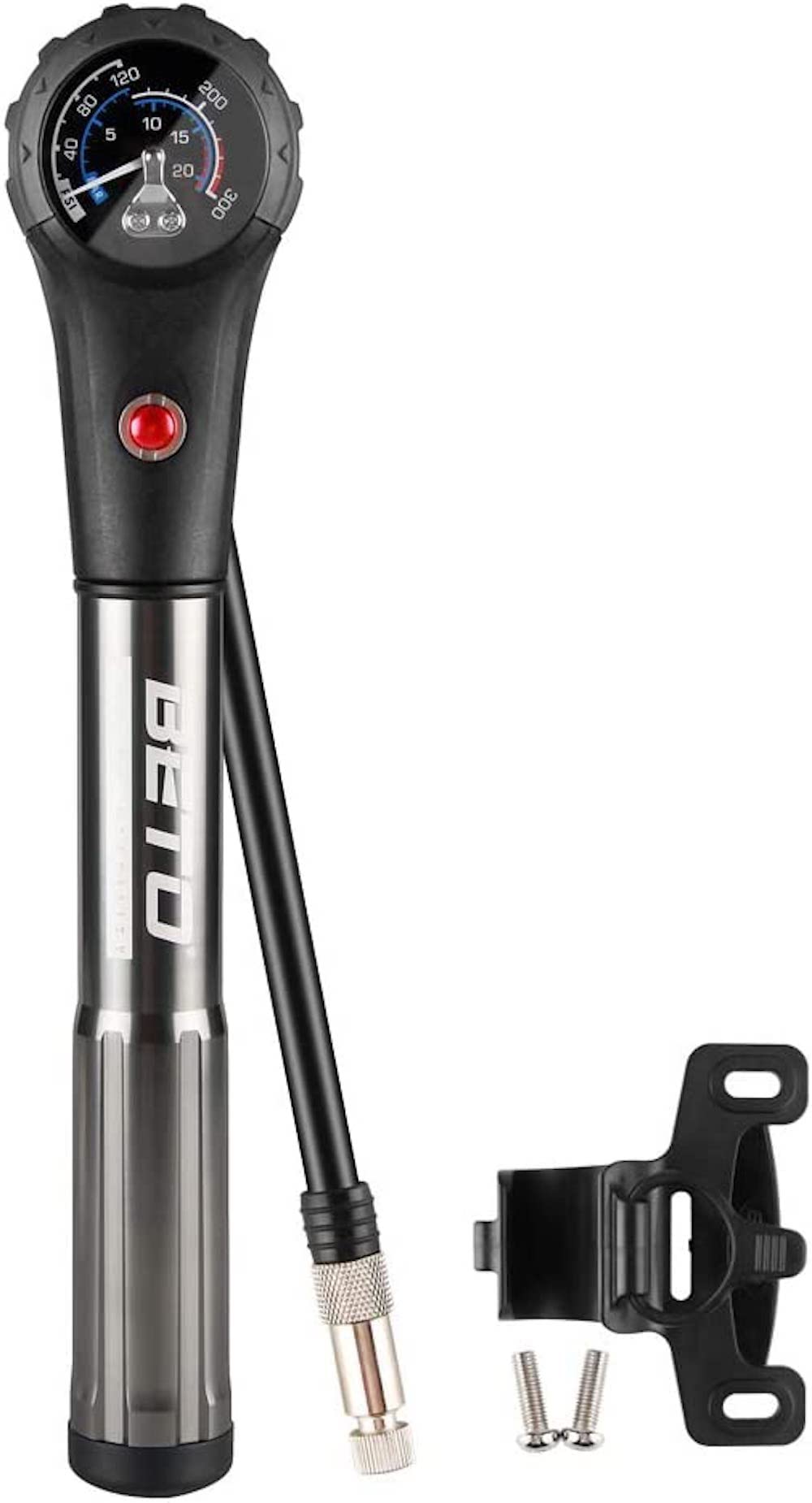 

BETO Portable bicycle air and British air suspension compatible hand 300 psi pressure large screen cage made in Taiwan pump, American, French, style,