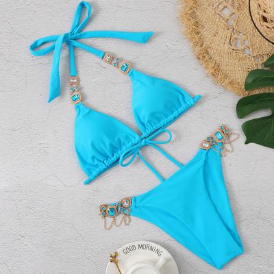 Sexy Women's Swimsuit With Rhinestones Solid Bikinis Female Swimwear 2025 Push Up Bikini Beachwear Swimming Bathing Suit Bather