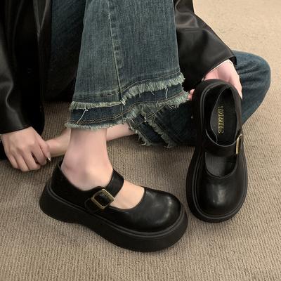 Små skinnsko dame retro britisk stil vår 2025 ny stor tå rund tå Mary Jane tykksåle høydeøkende muffin