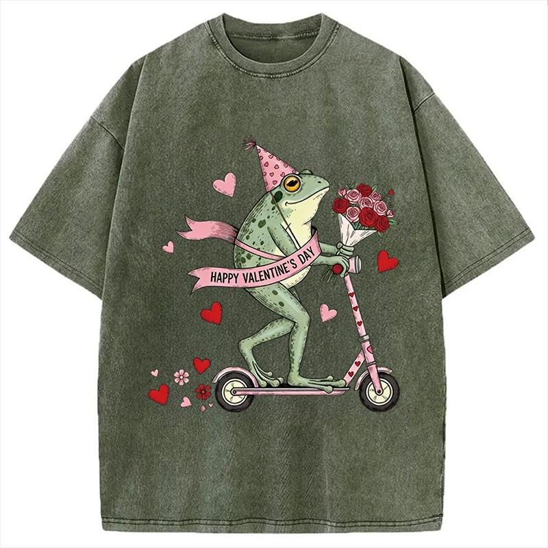 Funny Frog Valentine Washed T-Shirt Men's Short Sleeve Summer Round Neck Tee Oversized Harajuku Chic Couple Tunics Females