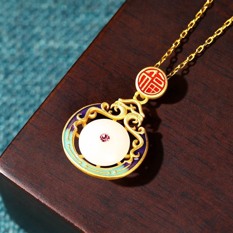 Meier Gold-plated Hollowed-out Enamel Painted Antique-style Imitation Hetian Jade Safety Buckle Retro Necklace