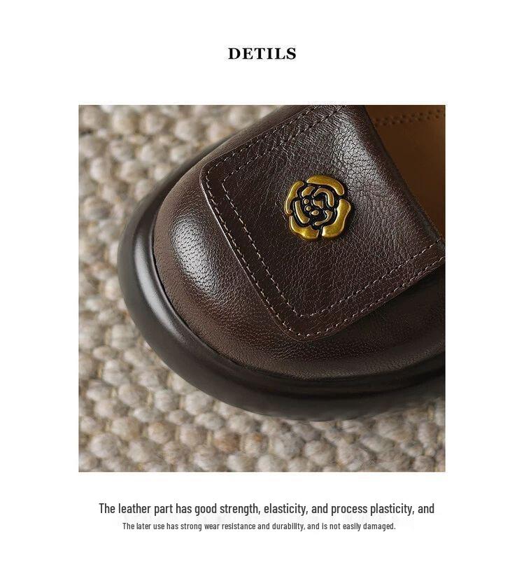 2025 Retro Brown Camellia Leather Round-Toe Loafers with Thick Soles for Spring & Autumn