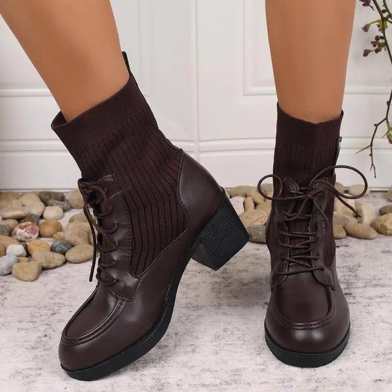 Fashion Vintage Metal Rivet Decoration Lace Up Ankle Boots Women 2025 Winter Round Toe Medium Heel Elastic Boots Elegant Solid Pu Shoes