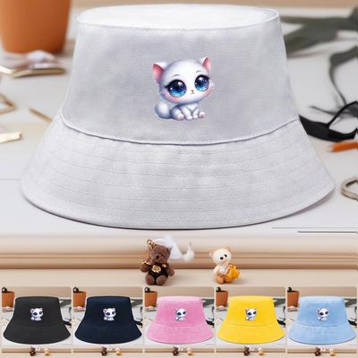 Bucket Hat With Cat Print , Cute Cartoon Pet Fisherman Cap Simple Reversible Candy Color Beach Cap