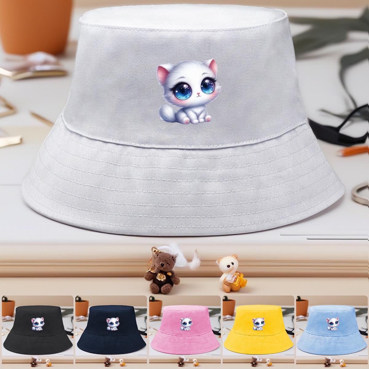 

Bucket Hat With Cat Print , Cute Cartoon Pet Fisherman Cap Simple Reversible Candy Color Beach Cap as the picture темно-синього кольору