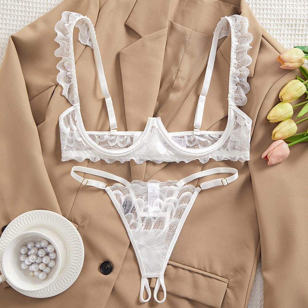 2 Pcs Lingeries Sexy Hot Erotic Costumes Woman Lace Mesh See-Through Open Bra Transparent Underwear Fairy Embroidery Thong Sets