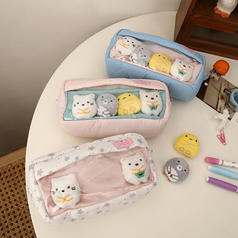Cute Sweet Large Capacity Padded Transparent Pencil Case With 4 Doll Student Stationery Pen Bag Girly Cosmetic Storage Bag Gifts