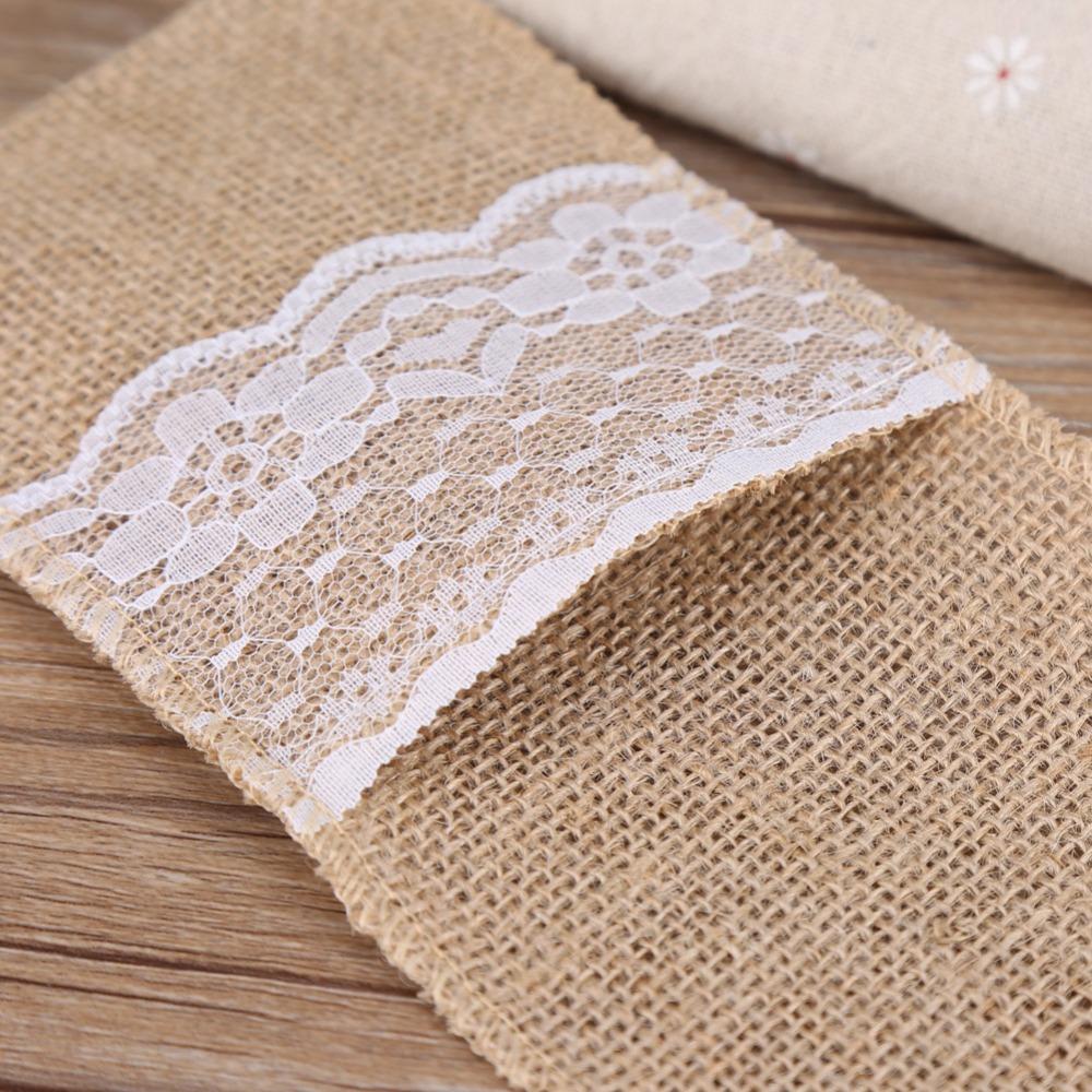 10Pcs Burlap Tabbleware Holder Lace Silverware Bag Lightweight Napkin Bag  Wedding Party