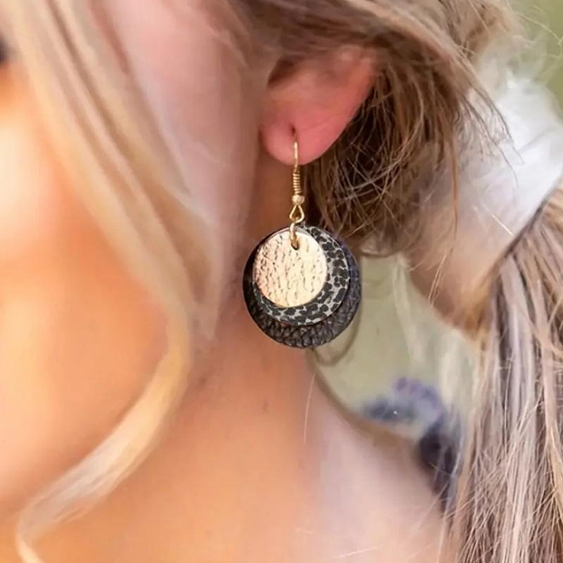 

CAOSHI PU Leopard Print Dangle Earrings for Women Personalized Trendy Multi Layered Round Earrings Accessories Statement Zircon