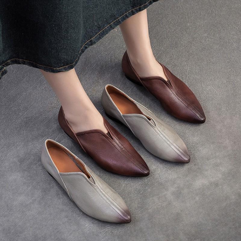 Johnature Ekte skinn Spiss tå Flats Komfortable myke såler Pendling Hverdagslige Damesko Slip-on